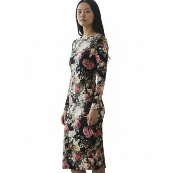 Forever 21 Dresses & Skirts - Forever 21 Black Floral Bodycon Fit Dress Size S Long Sleeve Stretch Slinky Feel